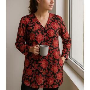 Vtg S Victoria’s Secret Floral Sheer Tunic Blouse Red Black 90s Velvet Burnout